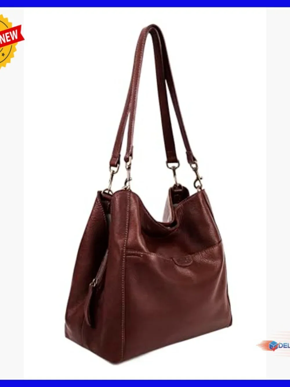 Genuine Leather Hobo Shoulder Bag with Triple Entry & Adjustable Strap